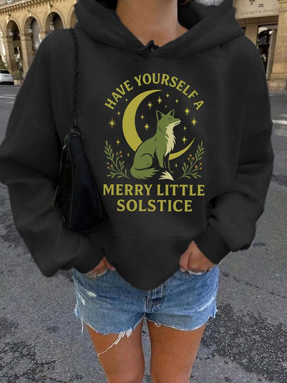 Women's Graphic Hoodie Have Yourself A Merry Little Solstice Under Crescent Moon Stars And Sitting Wolf