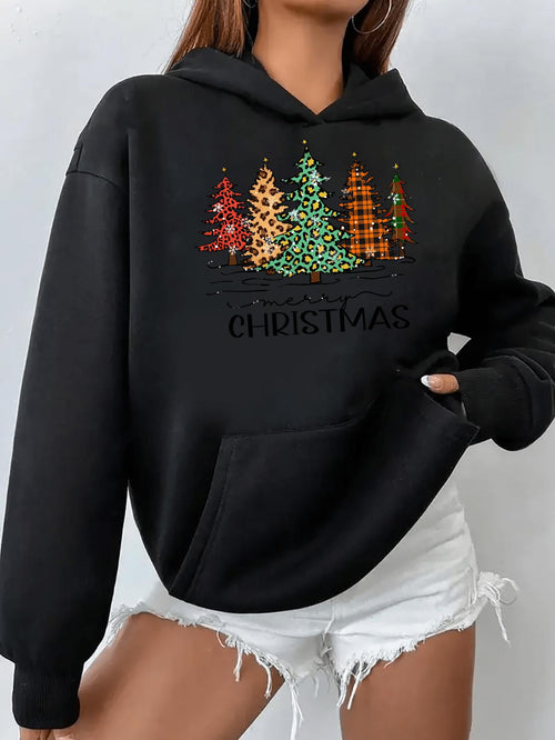 Women's Graphic Hoodie Christmas Lights Twinkling Among Colorful Glittering Evergreen Trees