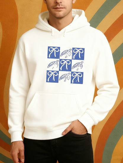 Men's Graphic Hoodie Blue Repeated Blocks Featuring Bows And Decorative Leaves Hoodie
