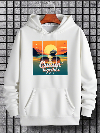 Men's Graphic Hoodie Cruisin Together Sunset Ocean With Silhouetted Couple And Distant Cruise Ship
