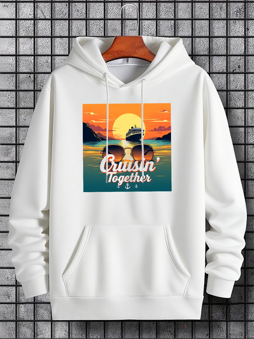 Men's Graphic Hoodie Cruisin Together Sunset Ocean With Silhouetted Couple And Distant Cruise Ship