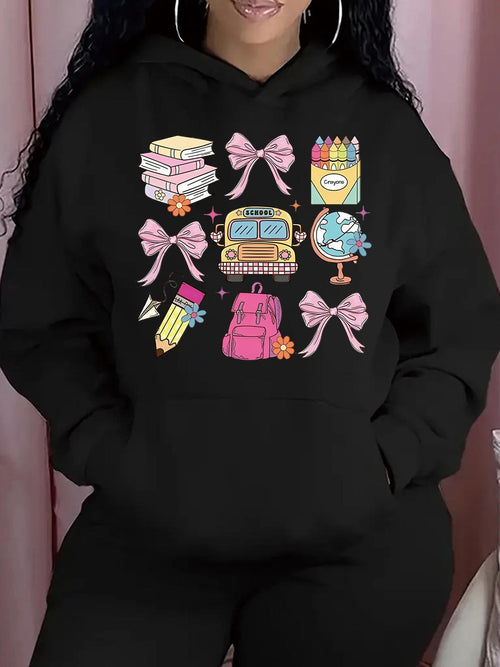 Women's Graphic Hoodie Pink Bows With School Supplies Pencil Globe Backpack Books