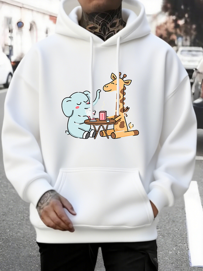 Men's Graphic Hoodie Playful Friends Sharing Drinks At Outdoor Cafe Elephant Giraffe