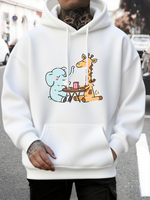 Men's Graphic Hoodie Playful Friends Sharing Drinks At Outdoor Cafe Elephant Giraffe