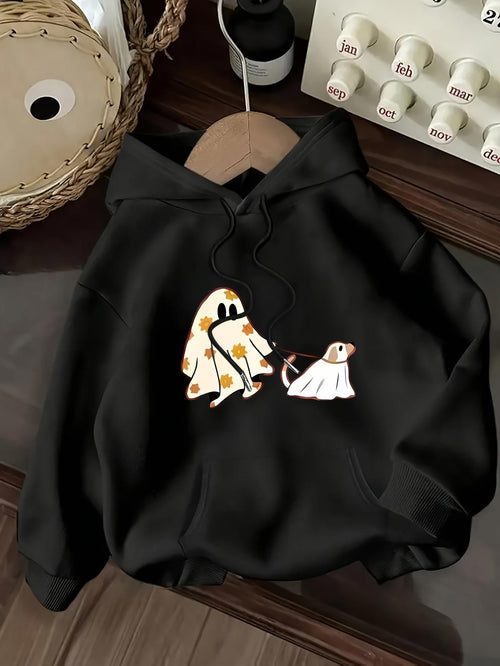 Women's Graphic Hoodie Cartoon Ghost With Cute Dog Wearing Halloween Sheet Costume