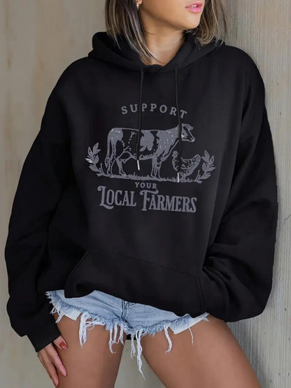 Women's Graphic Hoodie Support Your Local Farmers Vintage Cow Print Surrounded By Leaves Hoodie