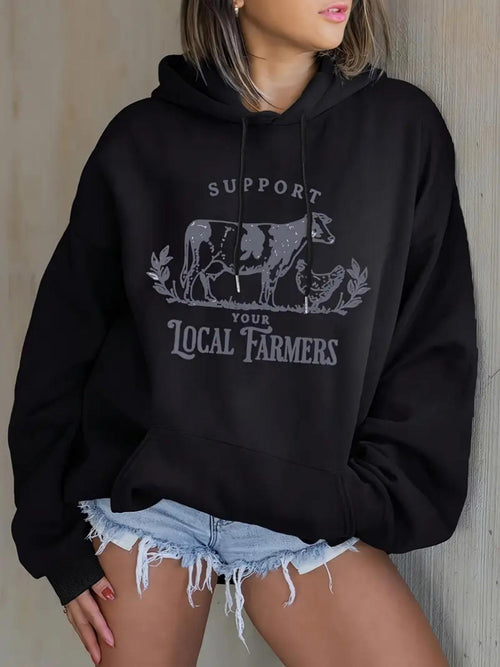 Women's Graphic Hoodie Support Your Local Farmers Vintage Cow Print Surrounded By Leaves Hoodie