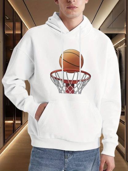 Men's Graphic Hoodie Shining Orange Basketball With Net Under Soft Evening Lights