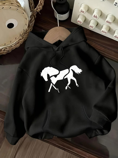 Women's Graphic Hoodie Graceful Silhouette With Flowing Mane Trotting Elegant Horse