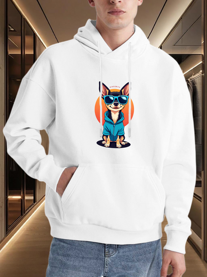 Men's Graphic Hoodie Cool Sunglasses Dog Wearing Blue Jacket Under Orange Sunset Dog