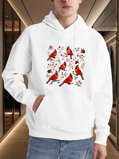Men's Graphic Hoodie Red Cardinals With Berries And Leaves Among Blossoming Branches Cardinal