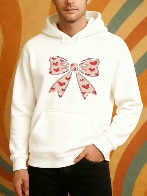 Men's Graphic Hoodie Playful Red Hearts Patterned Bow With Gentle Feminine Ribbon Bow