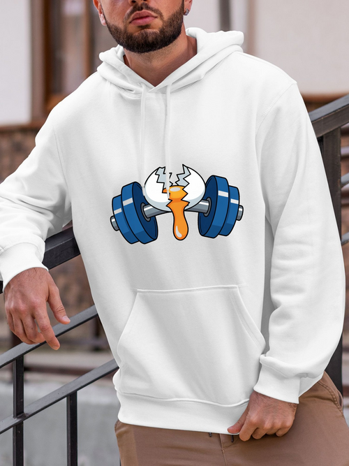 Men's Graphic Hoodie Cracked Shell With Blue Dumbbell Surrounded By Cartoon Yolk Dumbbell