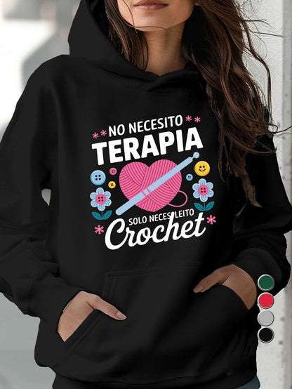 Women's Graphic Hoodie No English Text Pink Yarn And Blue Crochet Needle Surrounded By Flowers Among Smiling Buttons Heart