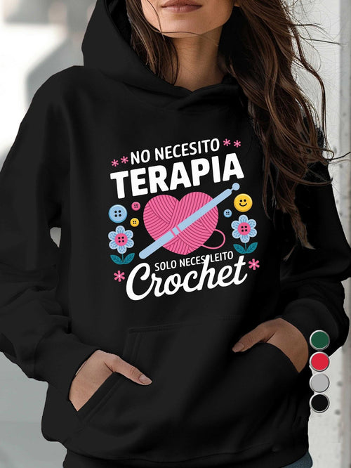Women's Graphic Hoodie No English Text Pink Yarn And Blue Crochet Needle Surrounded By Flowers Among Smiling Buttons Heart