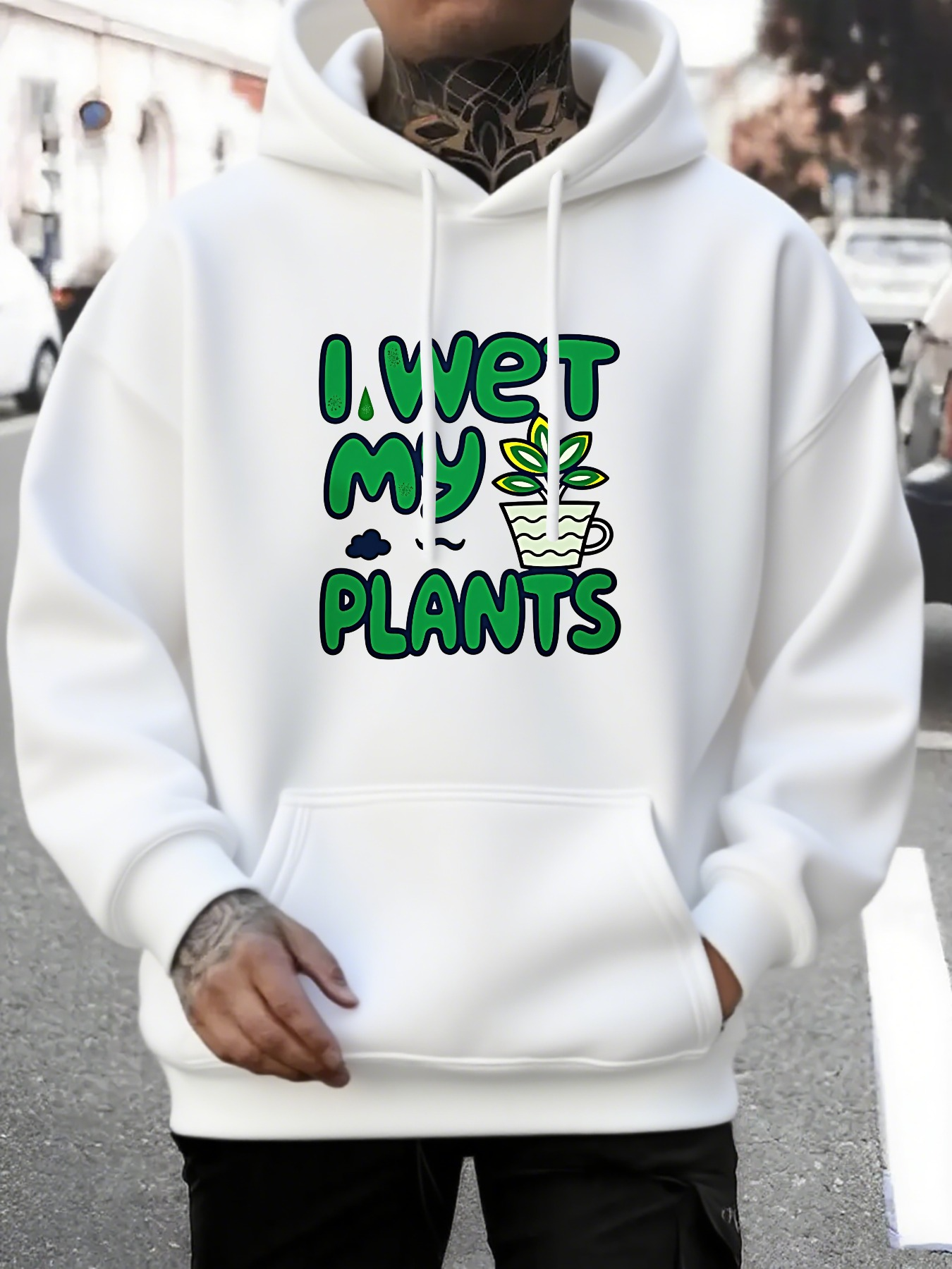 Men's Graphic Hoodie I Wet My Plants With Playful Green Cartoon Pot Design