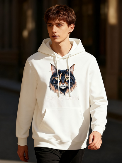 Men's Graphic Hoodie Realistic Fierce Maine Coon Face Surrounded By Sunlit White Hoodie Cat