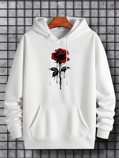 Men's Graphic Hoodie Dripping Red Ink Painted Petals With Dark Leaves Featuring Rose