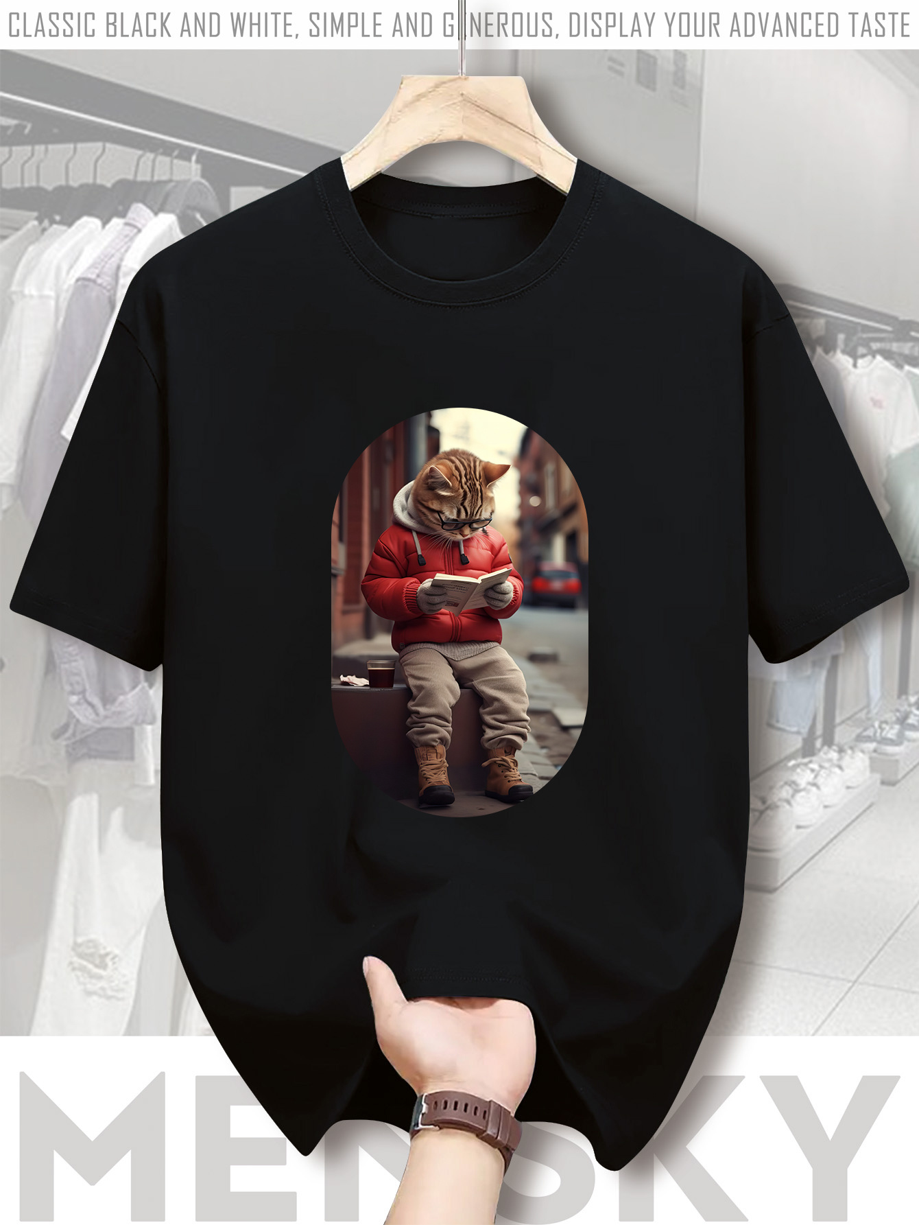 Men's Graphic T-Shirt Urban Cat Wearing Red Hoodie Sitting On Street Bench