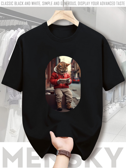 Men's Graphic T-Shirt Urban Cat Wearing Red Hoodie Sitting On Street Bench