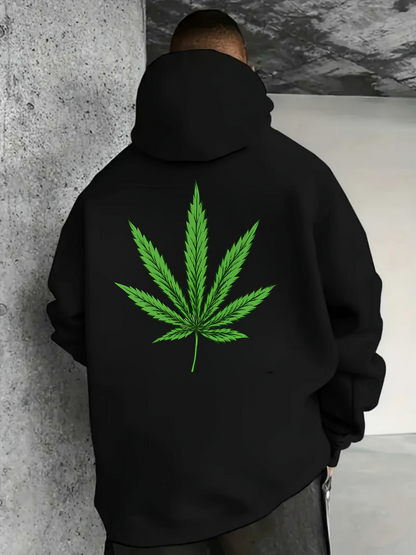 Men's Graphic Hoodie Bold Graphic Of Lush Green Leaves On Black Hoodie Cannabis Leaf