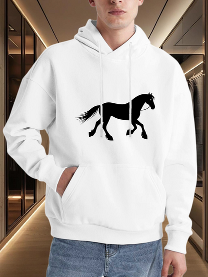 Men's Graphic Hoodie Elegant Black Silhouette Standing Under Soft Lighting Horse