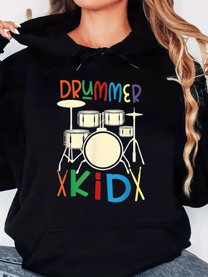 Women's Graphic Hoodie Drummer Kid With Colorful Letters And Classic Musical Instrument Drum Set
