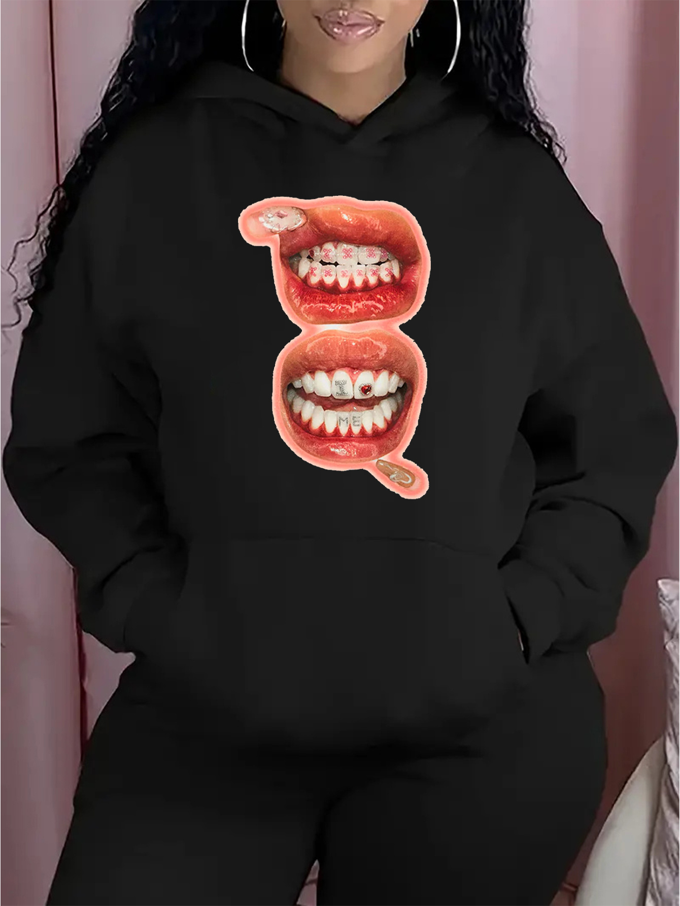 Women's Graphic Hoodie Smiling Lips With Shiny Braces Among Gleaming Natural Human Teeth Mouth