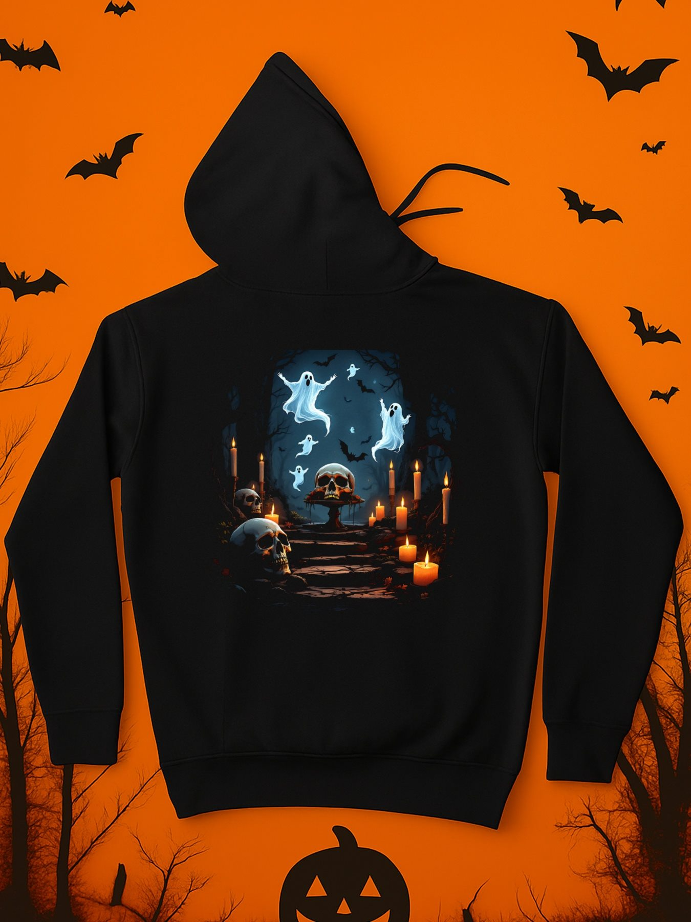 Men's Graphic Hoodie Glowing Ghosts Among Candlelit Pumpkins On Mystical Halloween Night