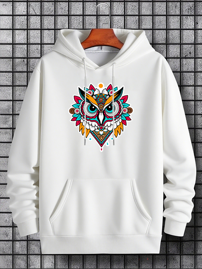 Men's Graphic Hoodie Colorful Tribal Motif With Ornamental Feathers Surrounded By Geometric Patterns Owl