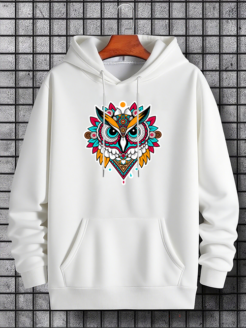 Men's Graphic Hoodie Colorful Tribal Motif With Ornamental Feathers Surrounded By Geometric Patterns Owl
