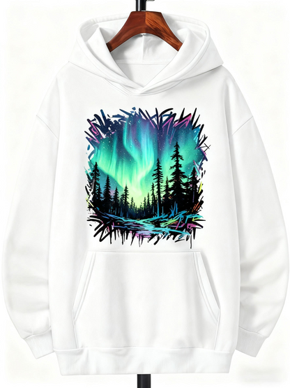Men's Graphic Hoodie Luminous Sky Reflections Over Northern Lights Forest Scene