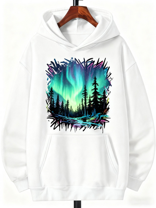 Men's Graphic Hoodie Luminous Sky Reflections Over Northern Lights Forest Scene