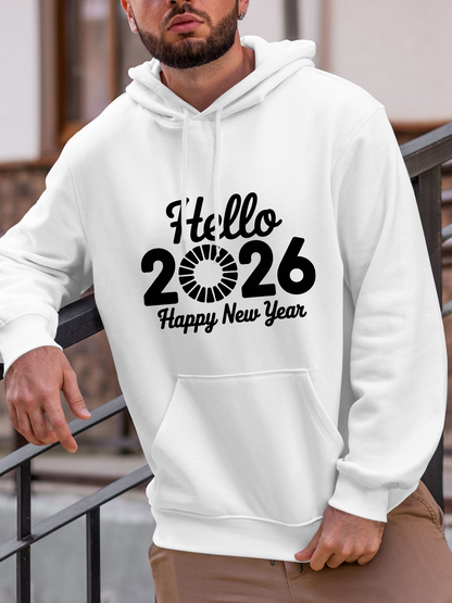 Men's Graphic Hoodie Hello 2026 Happy New Year With Bold Festive Typography And Circular Sunburst Graphic Hoodie