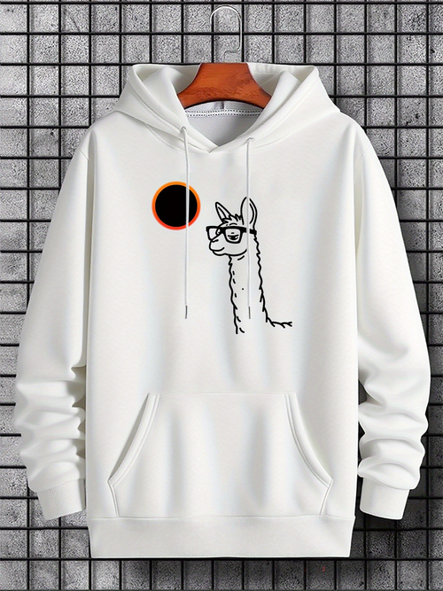Men's Graphic Hoodie Hipster Llama With Glasses And Black Sun Among White Fabric Llama