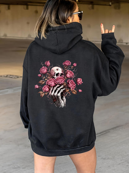 Women's Graphic Hoodie Skeleton Hand Holding Lush Pink Roses Surrounded By Blooming Florals Hoodie