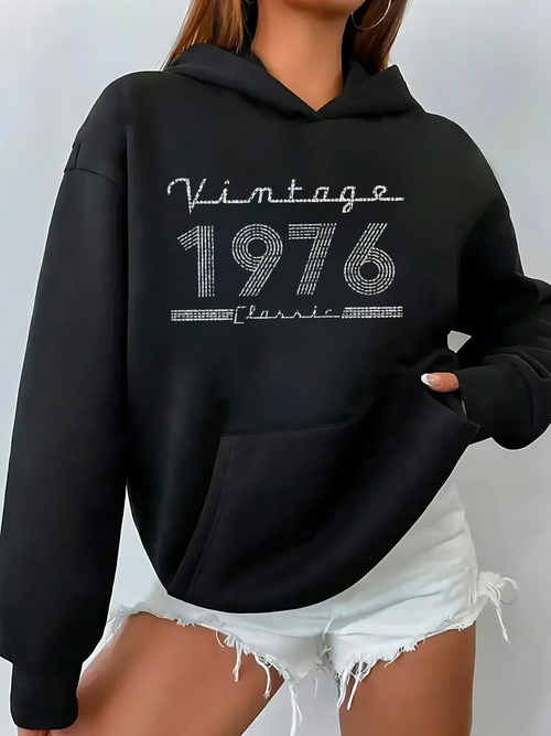 Women's Graphic Hoodie Vintage Style Sparkling Numbers With Classic Distressed Lettering Hoodie