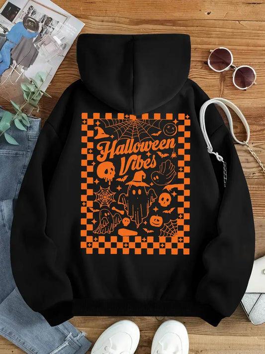 Women's Graphic Hoodie Halloween Vibes Orange Plaid With Pumpkins Bats And Happy Ghost