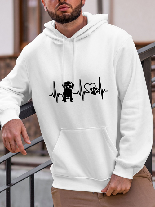 Men's Graphic Hoodie Heartbeat Waves With Dog Silhouette And Paw Shaped Heart Dog