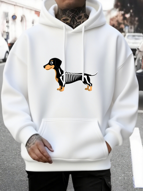 Men's Graphic Hoodie Playful Urban Skeleton Motif With Vibrant Short Haired Dachshund Dog
