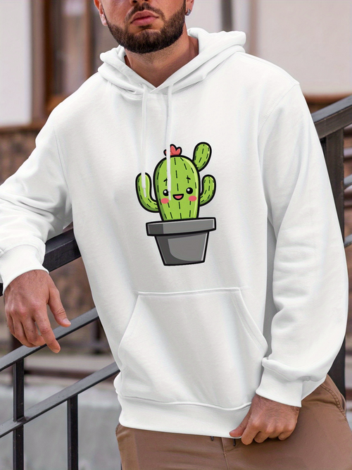Men's Graphic Hoodie Playful Potted Cactus Smiling Cheerfully With Pink Flower Decoration