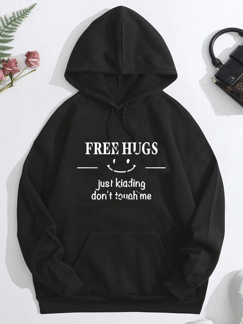 Women's Graphic Hoodie Free Hugs Just Kidding Dont Touch Me With Smiling Face Hoodie