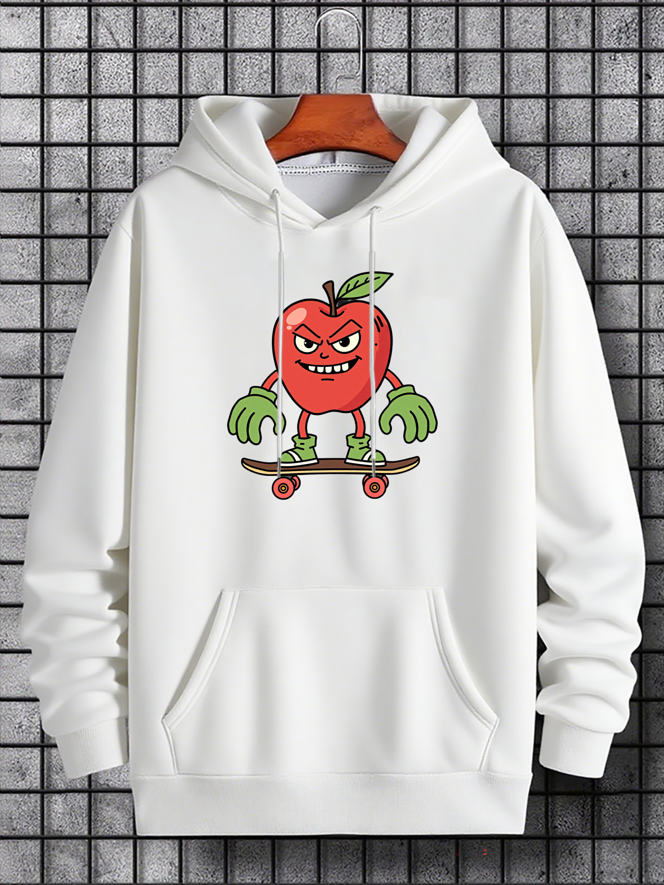 Men's Graphic Hoodie Playful Red Apple With Green Hands Skating On Rolling Skateboard