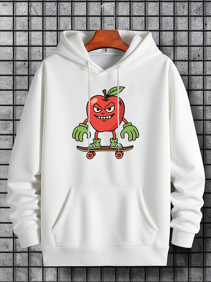 Men's Graphic Hoodie Playful Red Apple With Green Hands Skating On Rolling Skateboard