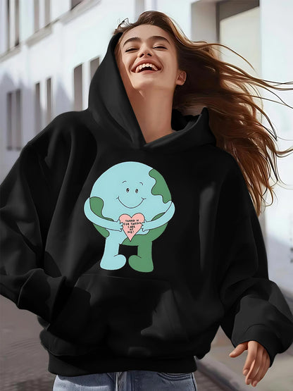Women's Graphic Hoodie Cute Blue Earth Cartoon Character Holding A Pink Heart Earth