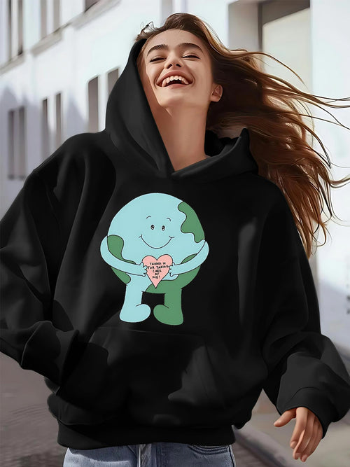 Women's Graphic Hoodie Cute Blue Earth Cartoon Character Holding A Pink Heart Earth