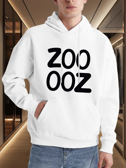 Men's Graphic Hoodie Zoo Bold Black Letters Over Clean Modern White Hoodie