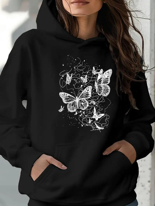 Women's Graphic Hoodie Swirling Night Breeze With Fluttering Butterflies And Delicate Petals Butterfly