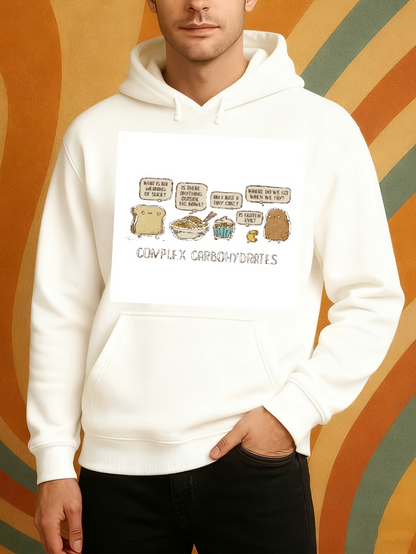 Men's Graphic Hoodie Complex Carbohydrates With Whimsical Food Characters On Soft White Hoodie