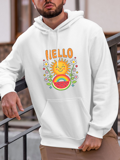 Men's Graphic Hoodie Hello Sunshine With Smiling Face Rainbow And Colorful Flowers Sun